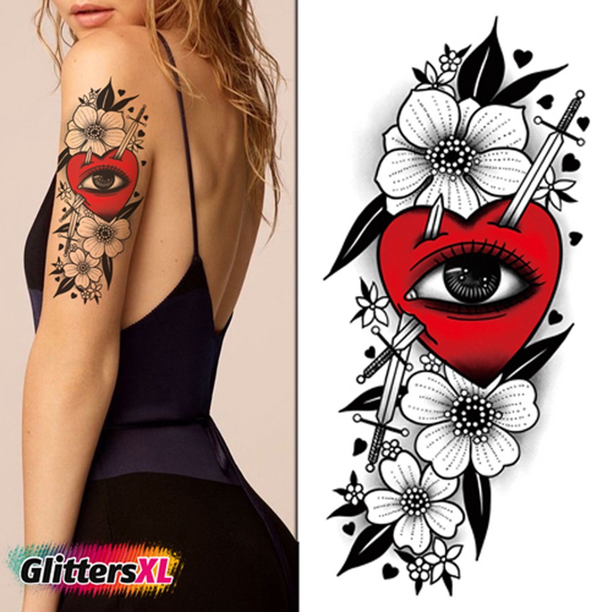 GlittersXL - Temporary Tattoo Bloemen (A5 formaat) [Neptattoo - Tijdelijke tatoeage - Nep Fake Tattoos - Water overdraagbare festival sticker henna outfit tattoo - Glitter tattoo - Volwassenen Kinderen Jongen Meisje]